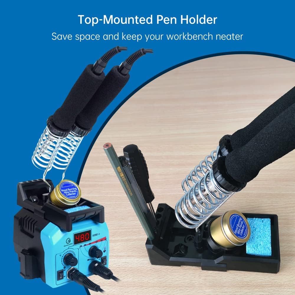 Goodcrafter Pyrography Pen 2-IN-1 Wood Burning Kit 101-IN-1,200~480°C (withTemp Display)/Wire-Nib 250~750°C Temp adjustable with 20 Nibs,53 Solid Points,12 Stencils and 15 Wood Chip(Mother's Day gift）