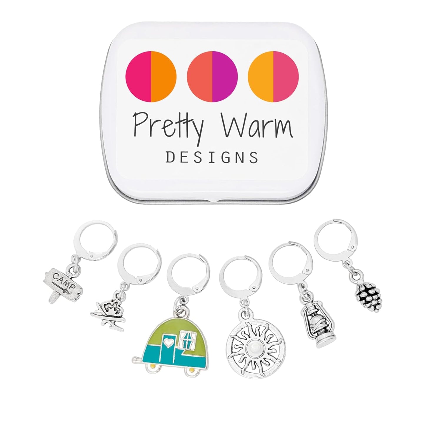 Go Camping Locking Stitch Markers with Storage Case | Crochet Stitch Markers & Removable Knitting Progress Keepers | Camper, Campfire, Lantern & Pinecone Charms | Handmade by Pretty Warm Designs