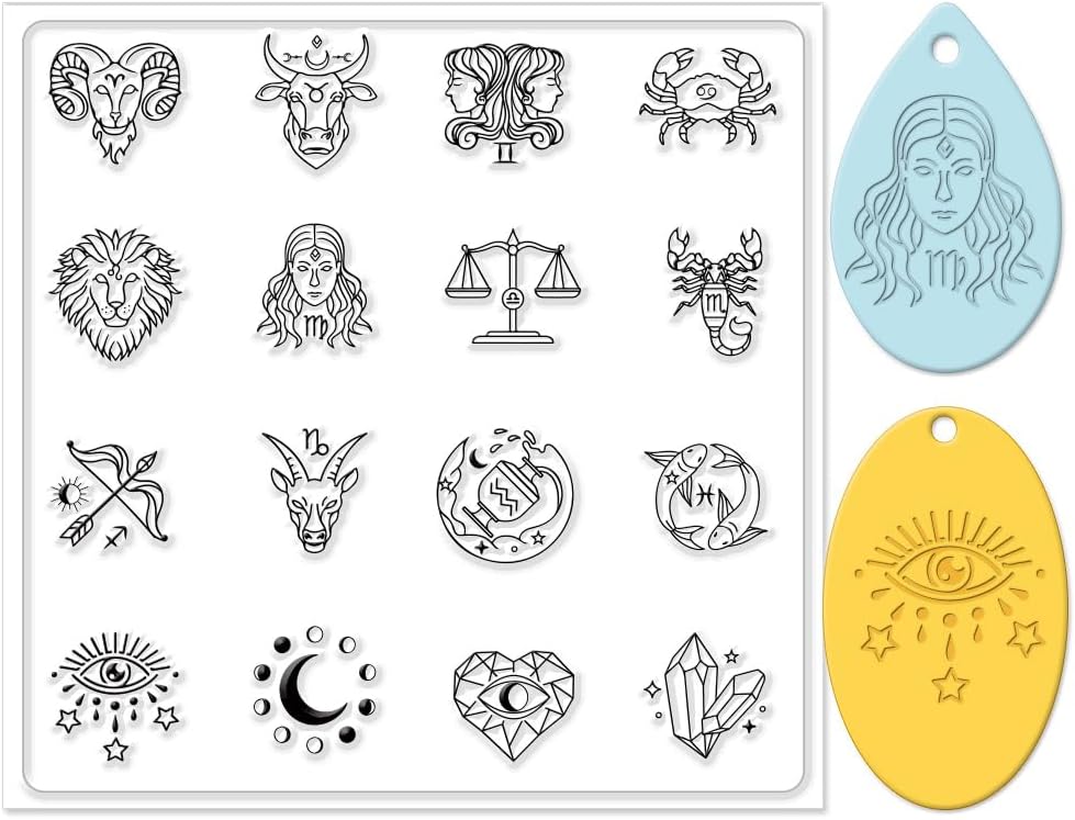 CHGCRAFT Polymer Clay Texture Sheets - 12 Zodiac Signs Silicone Stamp for Divination - Clear Mat Tools for Jewelry Earring Making, 5.5x5.5inch