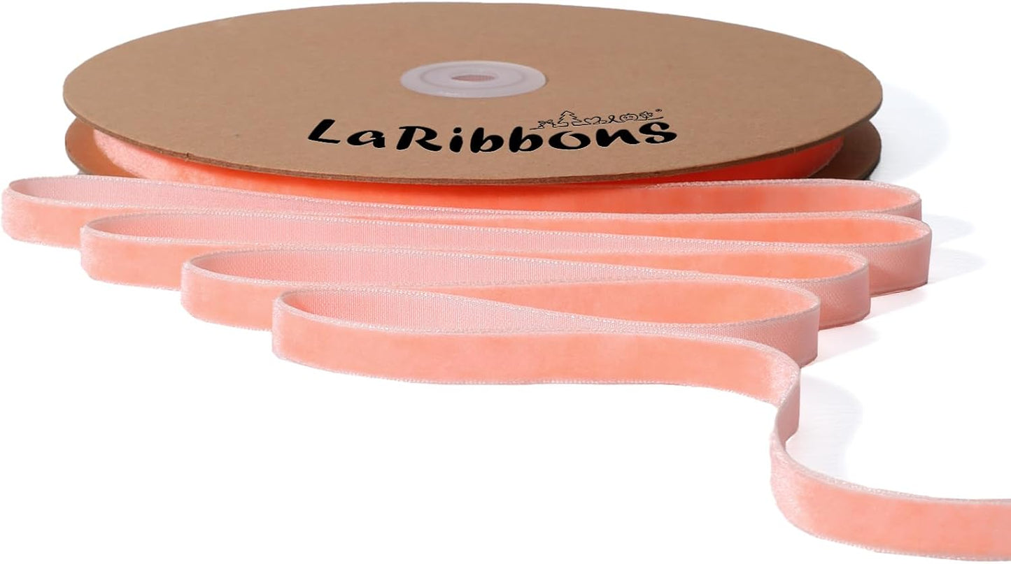 LaRibbons Thin Velvet Ribbon 3/8 Inch x 25 Yards, Peach Pink Velvet Ribbon for Christmas Tree, Gift Wrapping, Wreath Bow, Outdoor Decoration