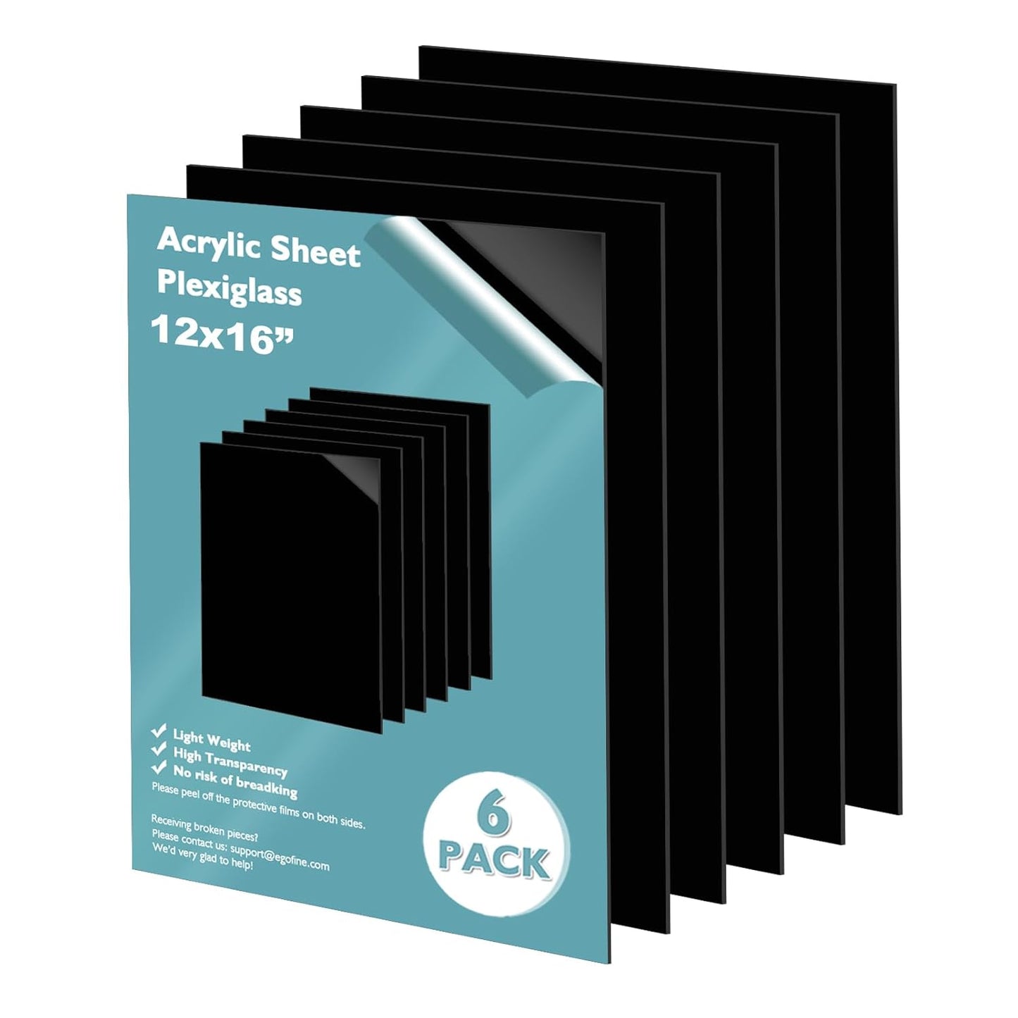 Egofine 12" x 16" Black Plexiglass Sheets 6 Pack 0.04 Inch Cast Acrylic Sheet Thick for DIY Craft Projects, Painting, Photography, Sign, Display Stand, Home Decor, Easy to Cut