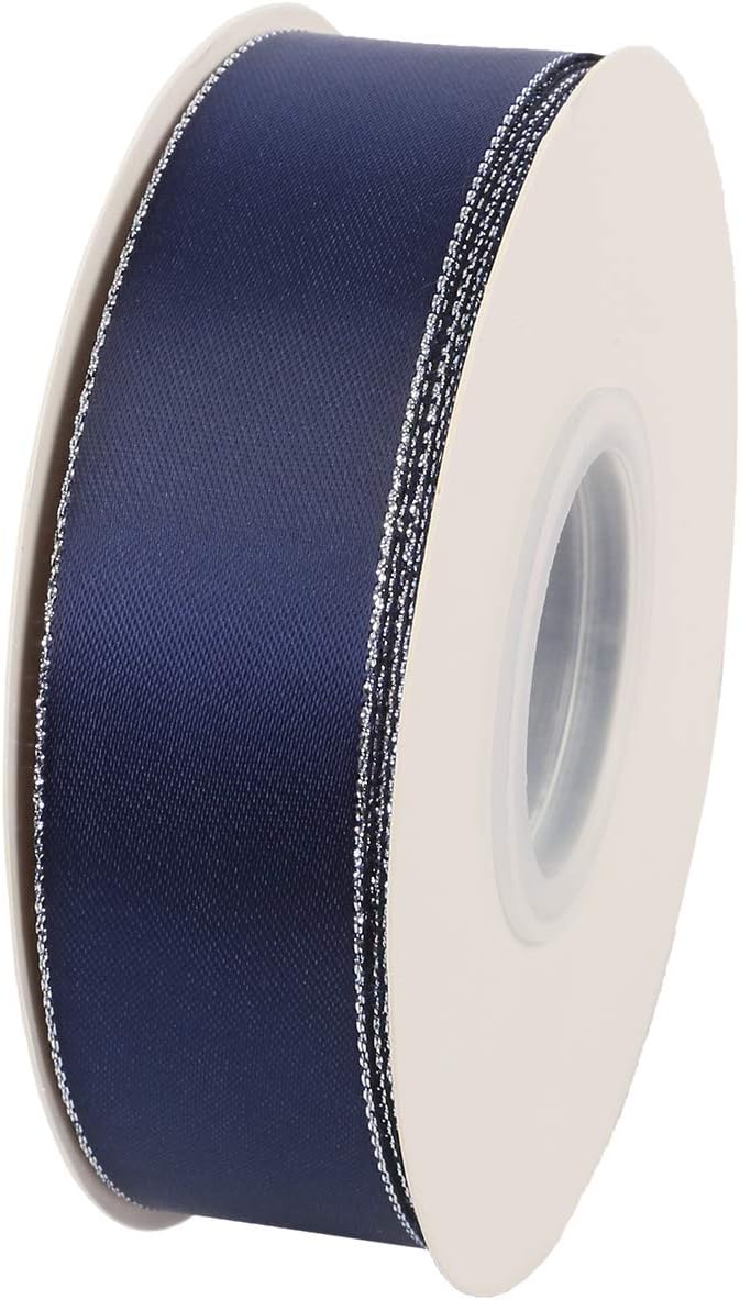 ITIsparkle 1" Inch Double Faced Satin Ribbon 25 Yards with Silver Edges, 1" X 25Yd - Navy