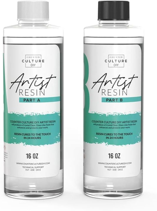 Counter Culture DIY Clear Artist Resin, 32 oz Kit, Art Epoxy Supplies for Metallic Stains Acrylic 100% Solids Easy Coat No VOCs Scratch UV Heat Resistant to 500 Degrees