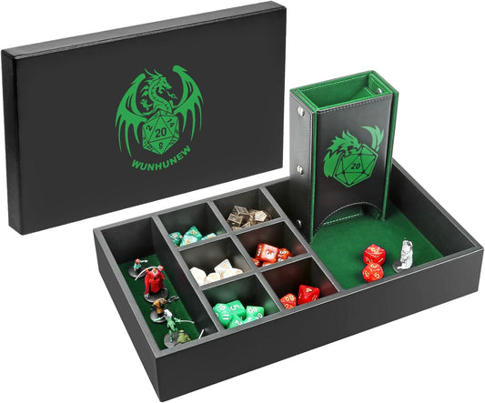DND Dice Tray & Tower Storage Box, 4 in 1 D&D Dice Holder Case (Dice Rolling Tray, Dice Roller Tower, Dice & Miniature Storage), Great RPG Accessories Gifts for Dungeons and Dragons MTG DM & Player