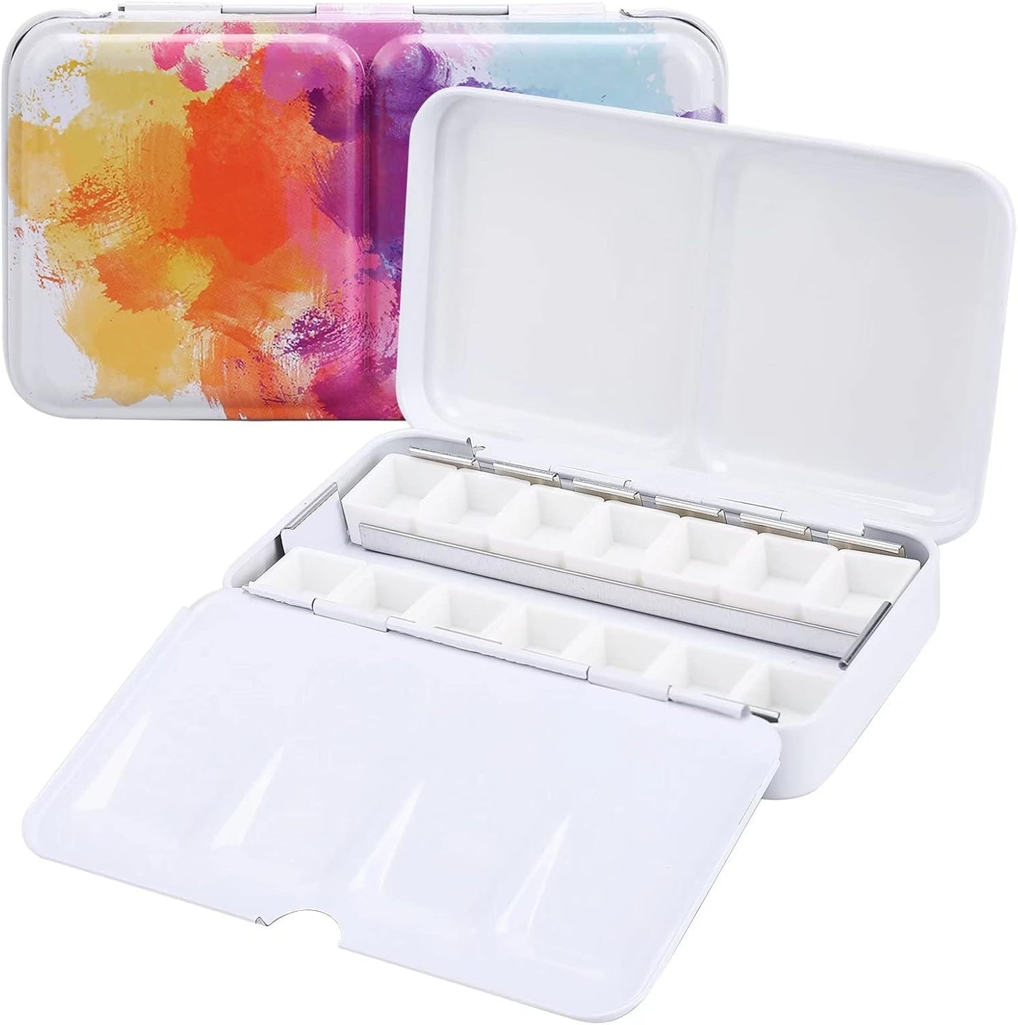 LOONENG Empty Watercolor Palette, Empty Watercolor Tin with Fold Out Palette, Small Colorful Watercolor Tray Palette with 14 Empty Half Pans for Plein Air Painting and Sketching
