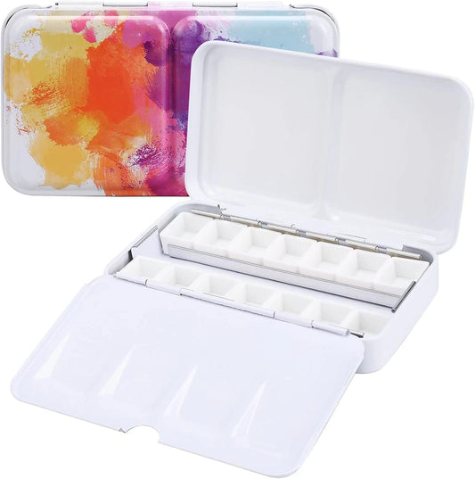 LOONENG Empty Watercolor Palette, Empty Watercolor Tin with Fold Out Palette, Small Colorful Watercolor Tray Palette with 14 Empty Half Pans for Plein Air Painting and Sketching
