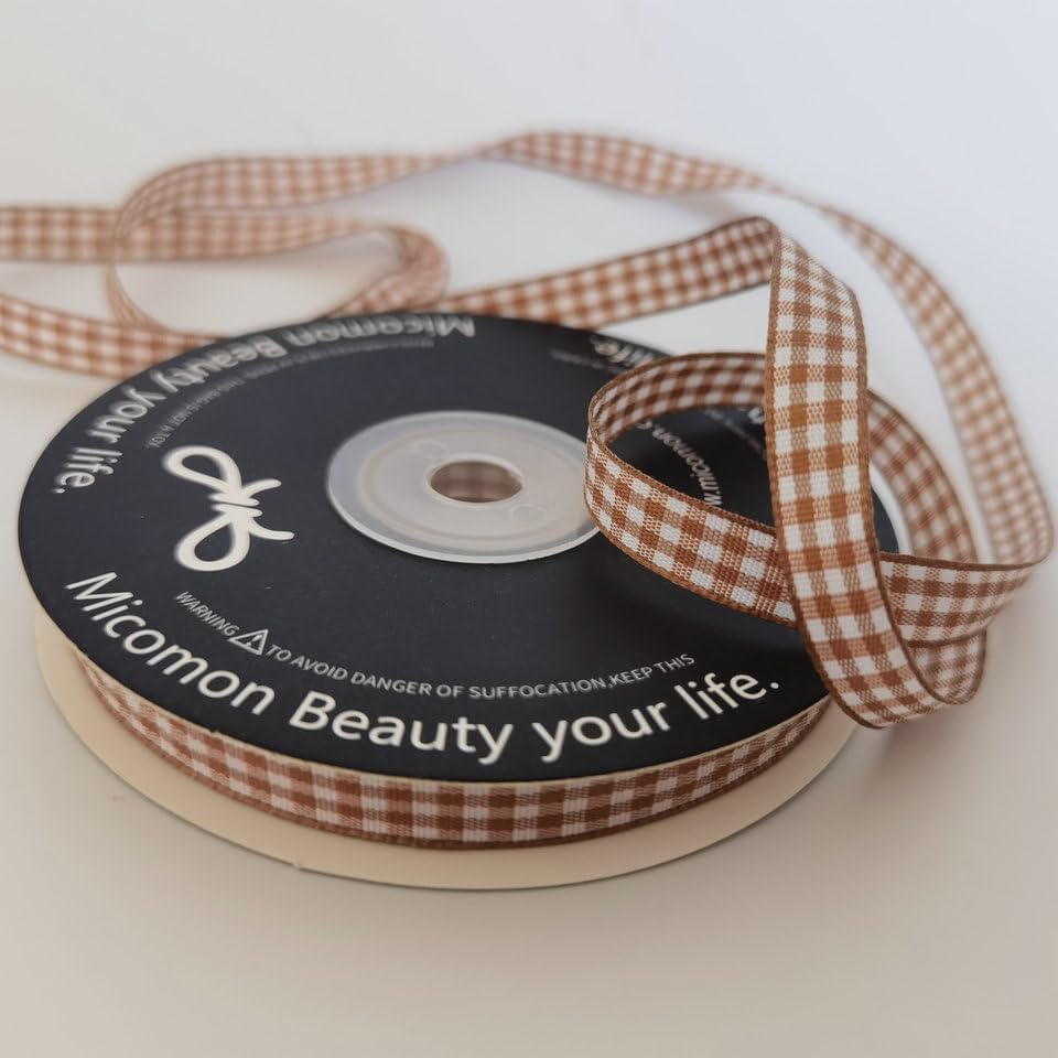 Micomon Khaki and White Woven Edge Plaid Ribbon 100% Polyester Gingham Ribbon 25 Yards Each Roll (3/8"Khaki)