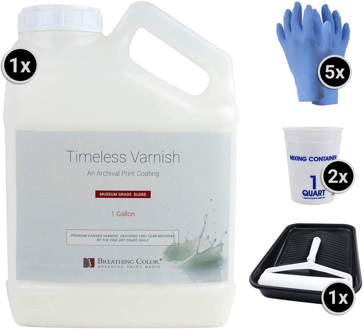 Breathing Color Timeless Archival Print Varnish Kit - 1 Gallon, Glossy Finish, Best Canvas Coating, Certified Archival Quality, Includes Foam Roller, Mixing Cups, and Gloves Bundle