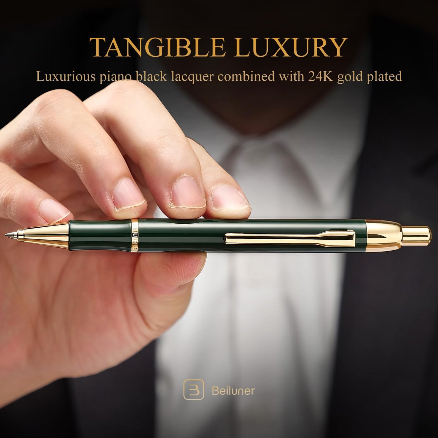 BEILUNER Luxury Gel Pen with 24K Gold Electroplating Finish, Green Piano Lacquer, Luxury Grade Craftsmanship, Best Gel Pen Gift Set for Men and Women