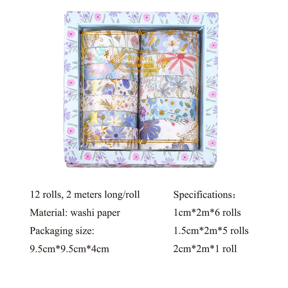 MAFELOE 2 Meters Long 12 Rolls Washi Tape Set, Decorative Adhesive Supplies for Scrapbook Journaling Junk Bullet Art Collage-Floral Print Series-Blue (HZ-3Y-SHMJ-01)