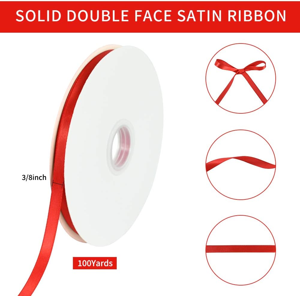 TONIFUL 3/8 Inch x 100yds Red Satin Ribbon Thin Solid Fabric Ribbons Roll for Gift Wrapping Invitation Floral Hair Balloons Craft Sewing Party Wedding Popsicles Decoration Valentine's Day Bouquet