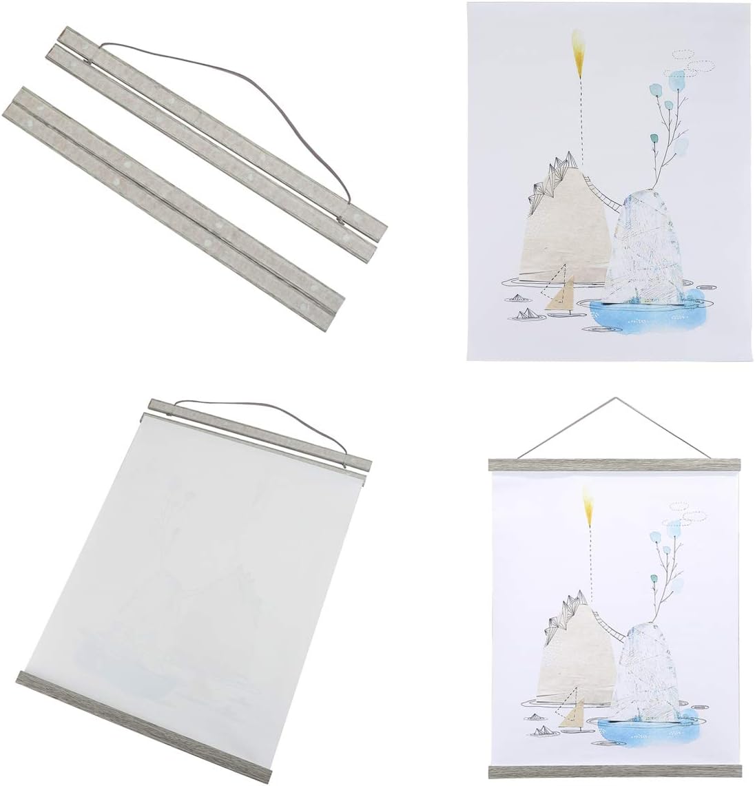 Ywlake Magnetic Poster Hanger, 11x17 11x14 11x22 Poster Frame Wood Wooden Magnet Print Posters Dowel Scroll Hanger Hangers Hanging Kit for Walls Map Canvas Artwork (Grey, 11")