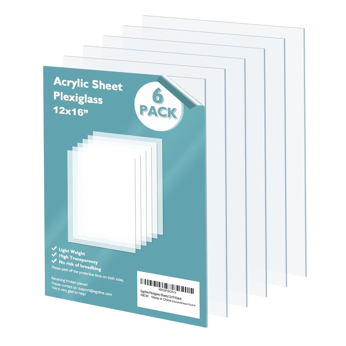 Egofine Plexiglass Sheets 6 Pack of 12x16’’ 0.04 Thick Clear Plastic Cast Transparent Plexi Glass Acrylic Sheets for Crafting Projects, Replacement Picture Frame Glass, DIY Display, Easy to Cut
