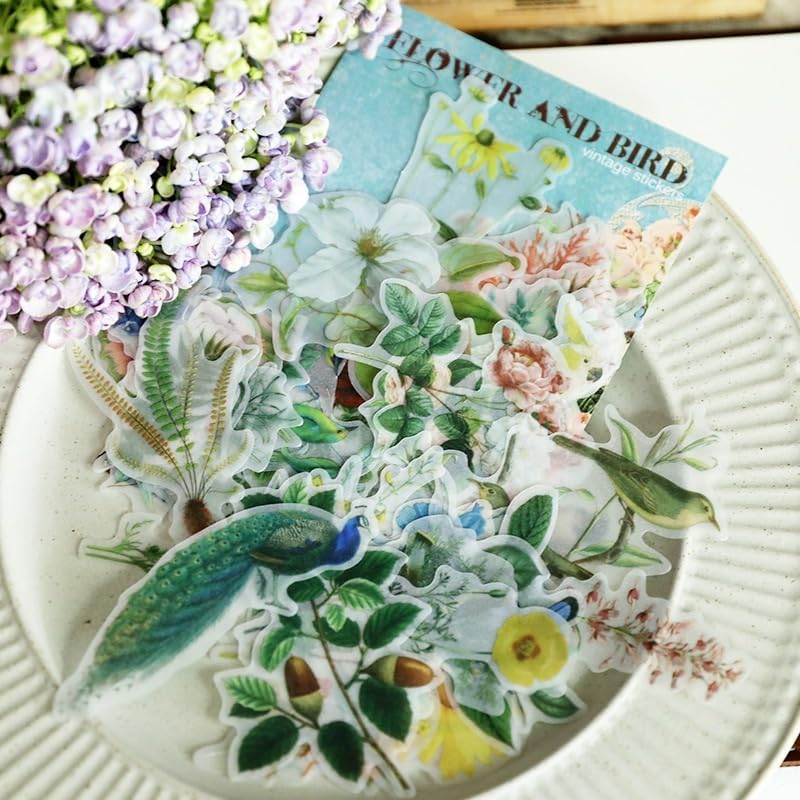 Vintage Vellum Stickers Floral Plants Elements Scrapbooking Supplies Flowers Botanic Natural Translucent Paper Self-Adhesive Junk-Journal Items (Bird Patterns)