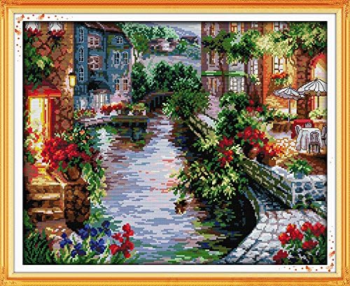 Stitchmelody 14CT Counted Cross Stitch Kits,DMC Unprinted Pattern Embroidery Set Needlework-The Lakeside Houses 18.9''×15.7''