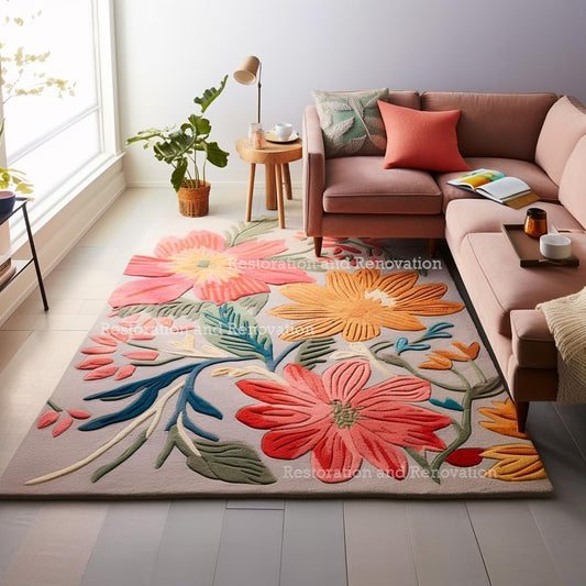 Handmade Wool Floral Area Rug for Living Room | Elegant Flower Garden Design, Soft, Thick and Durable | Bedroom, Dining Room & Home Decor Carpet (9' x 11', Floral A)