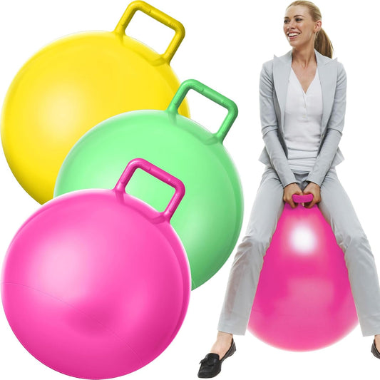 Lewtemi 3 Pcs 29 Inch Bouncing Ball with Handle, Outdoors Hopper Jumping Hopping Ball and Air Pump for Sports Exercise (Yellow, Light Green, Pink)