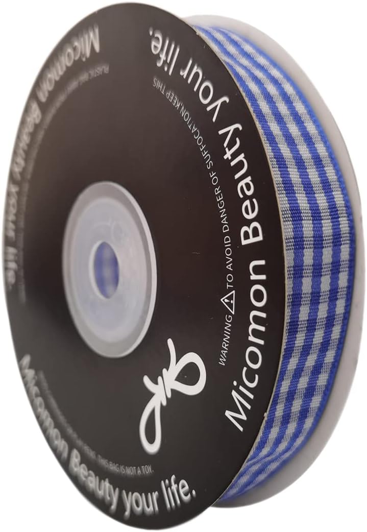 Blue and White Woven Edge Plaid Ribbon 100% Polyester Gingham Ribbon 25 Yards Each Roll (5/8", Blue)