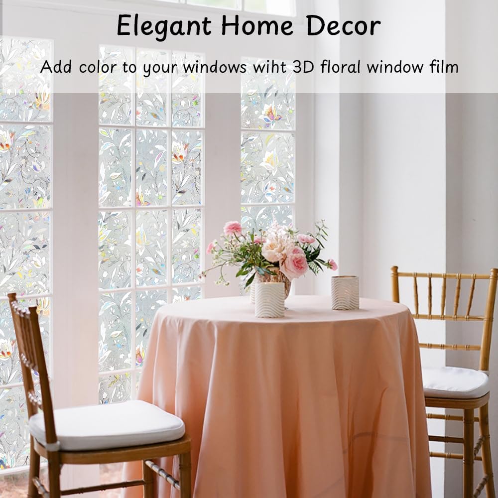 NINETREX Window Privacy Film,3D Stained Glass Window Film,Decorative Window Covering Sun Blocking Vinyl Static Cling Anti-UV Heat Control for Home Decor,Tulip 23.6 x 78.7inch