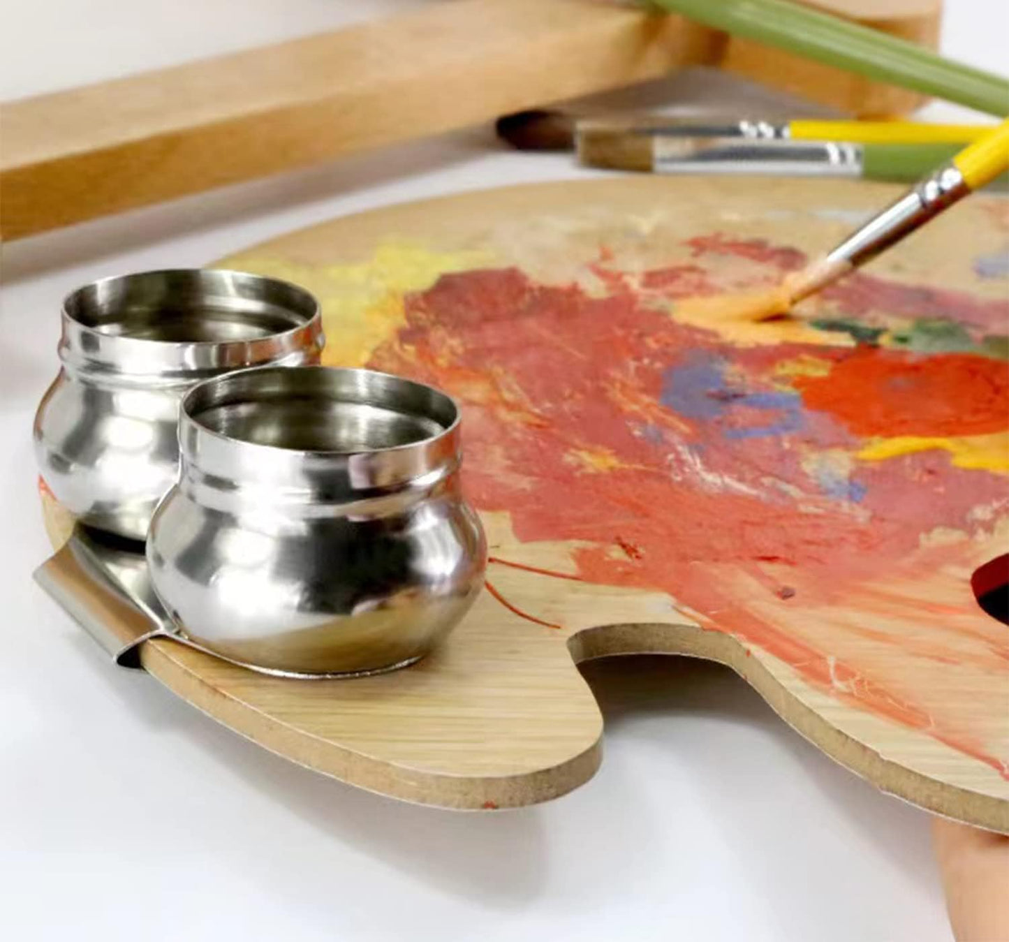 Stainless Steel Palette Cup with Lid, Portable Travel Double Dipper Oil Painting Pot Container, No Leakage, Can Clip on Palette