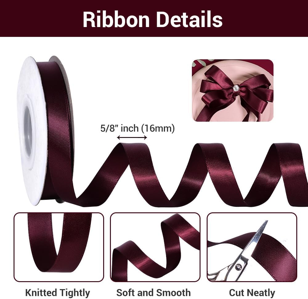 YAMA Burgundy Double Face Satin Ribbon - 5/8" 25 Yards Burgundy Ribbon for Gift Package Wrapping,Floral Design,Hair Bow Clip Making,Crafting,Sewing,Wedding Decor