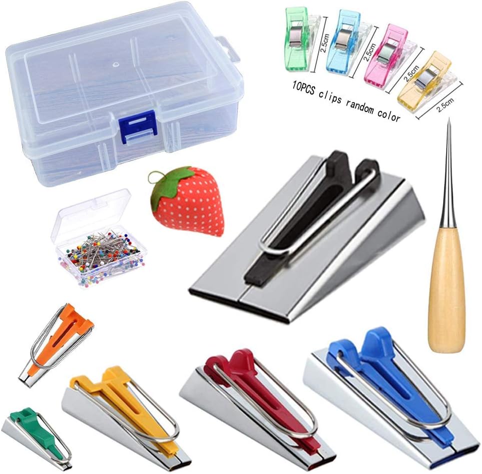 LNKA Fabric Bias Tape Maker Set of 19pcs Tools with Instruction,Bias Maker 1/4" 3/8" 1/2" 3/4" 1" 2" Quilting Pins Sewing Pincushion Clips Awl