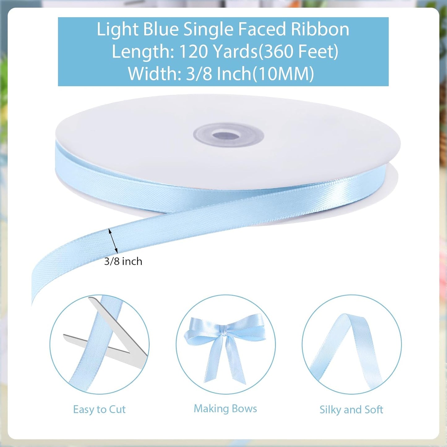 120 Yards Blue Ribbon 3/8 Inch Light Baby Blue Ribbon Thin Crafts Satin Ribbons for Baby Shower Cake Bows Hair Wedding Gift Wrapping Basket String Cake Christmas Decorations
