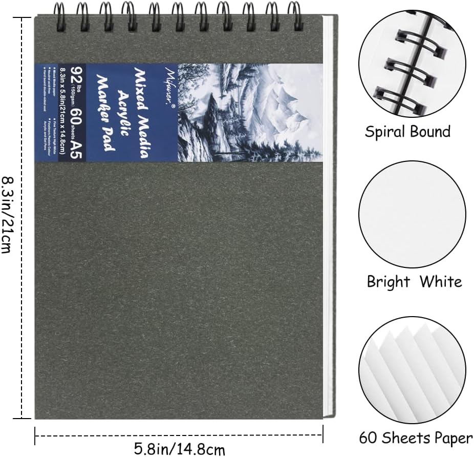 8.3x5.8 Sketch Book, Top Spiral Bound Sketch Pad, 60sheets 92lb/150gsm Bright White Paper, Acid-Free Mixed Media Paper for Painting, Dawing & Art Supplies. B-Darkgrey