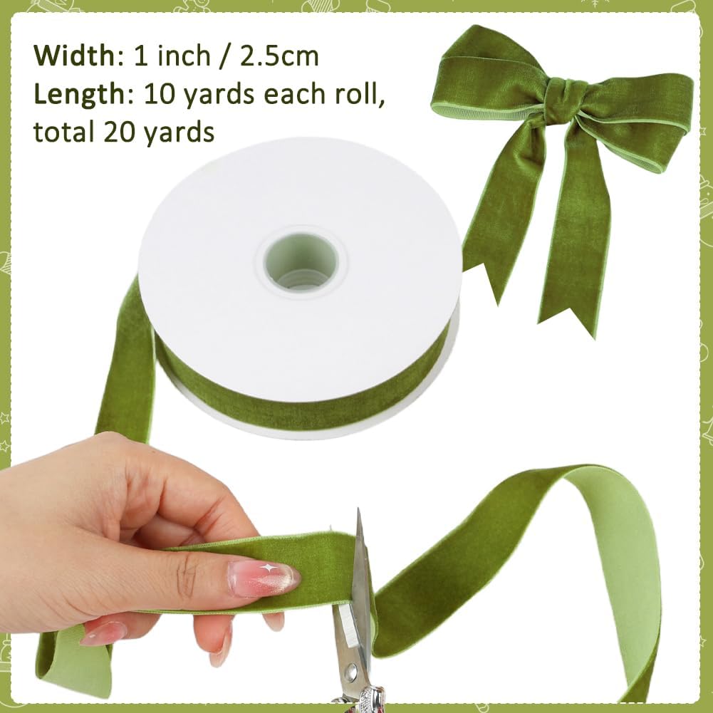 Mousse Green Velvet Ribbon, 1 Inch x 20 Yards Single Faced Mousse Green Ribbon for Gift Wrapping, Bow Making, Christmas Tree Decorations, Wreath Making and DIY Crafts (10 Yards Each Roll)