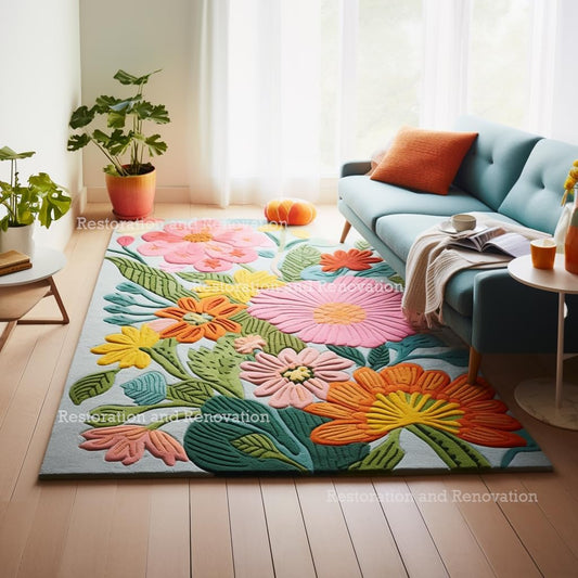 Handmade Wool Floral Area Rug for Living Room | Elegant Flower Garden Design, Soft, Thick and Durable | Bedroom, Dining Room & Home Decor Carpet (6' Round, Floral F)