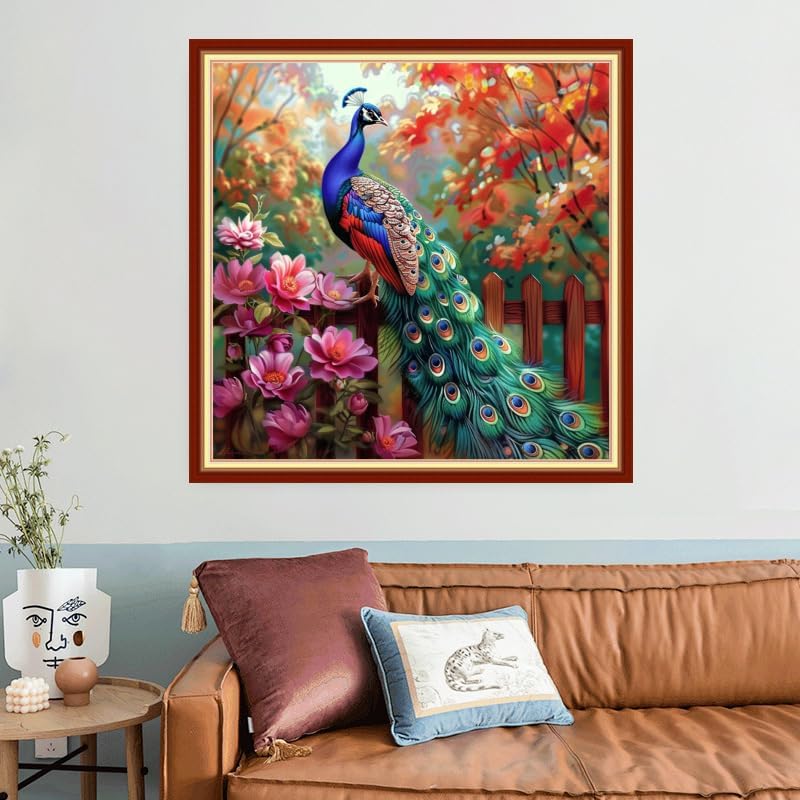 Joyhoor Stamped Cross Stitch Kits for Beginners, Needlepoint Kits for Adults, 11CT Counted Embroidery Kits-Peacock Flowers 18x18 inchs