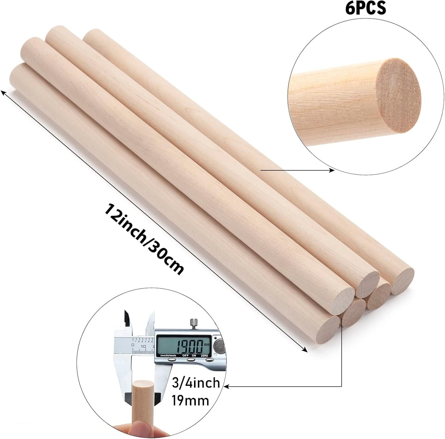 3/4 x 12 Wooden Dowels Wooden Sticks for Crafts, 6 PCS Macrame Wood Dowel Rods, Unfinished Hard Wood Sticks for Crafting, Arts and DIYers, Tiered Cake Support and Wedding Ribbon Wands