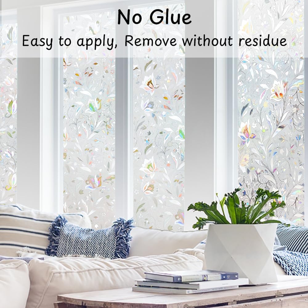 NINETREX Window Privacy Film,3D Stained Glass Window Film,Decorative Window Covering Sun Blocking Vinyl Static Cling Anti-UV Heat Control for Home Decor,Tulip 17.5 x 118.1inch