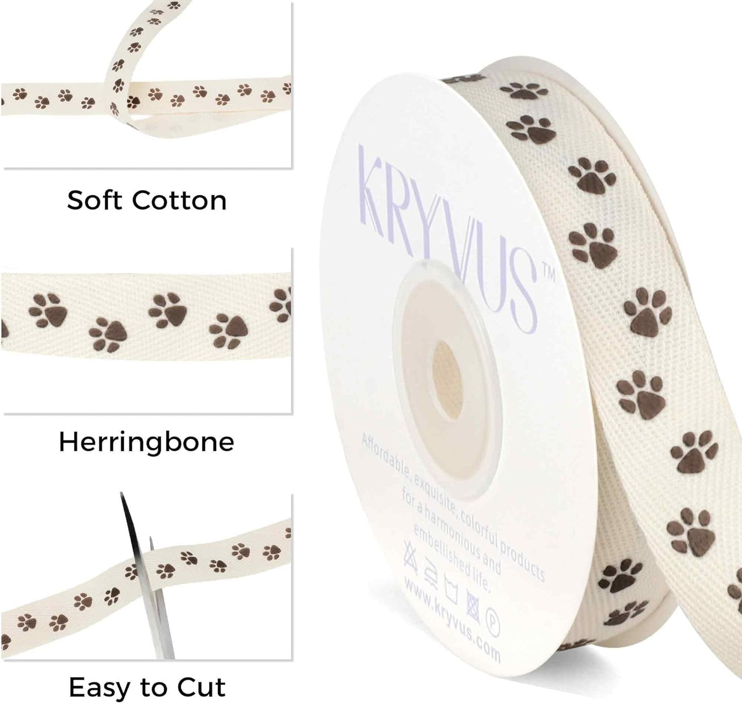 Paw Print Ribbon - 5/8 Inch x 12 Yards Natural Twill Tape Ribbon, Cotton Herringbone Ribbons for Gift Wrapping, Crafts, Dog Party Supplies, DIY Decoration