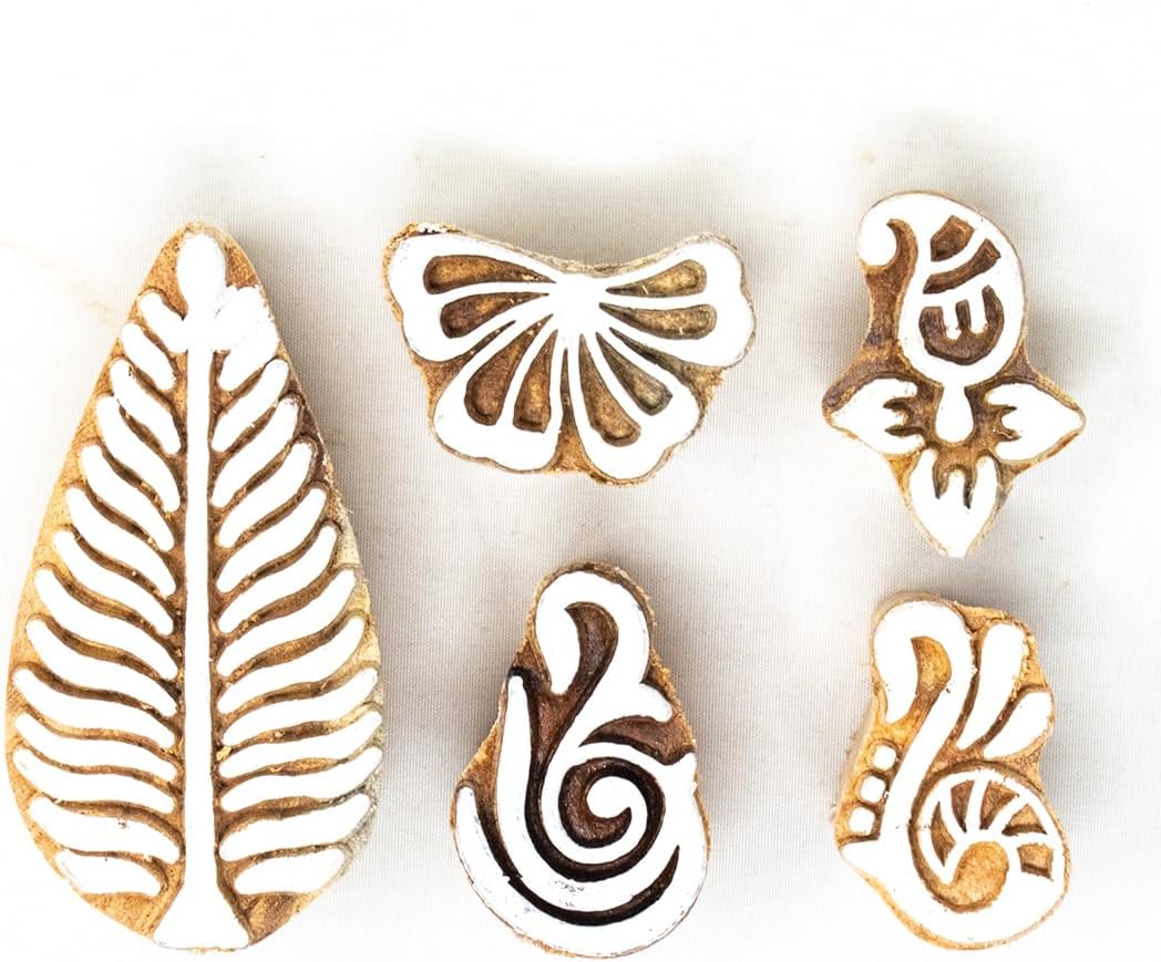 Hashcart Wooden Indian Traditional Design Printing Stamps/Blocks for Printing Saree Border/Dresses/Craft Card Making/Scrapbook/Clay Pottery (Set of 5)