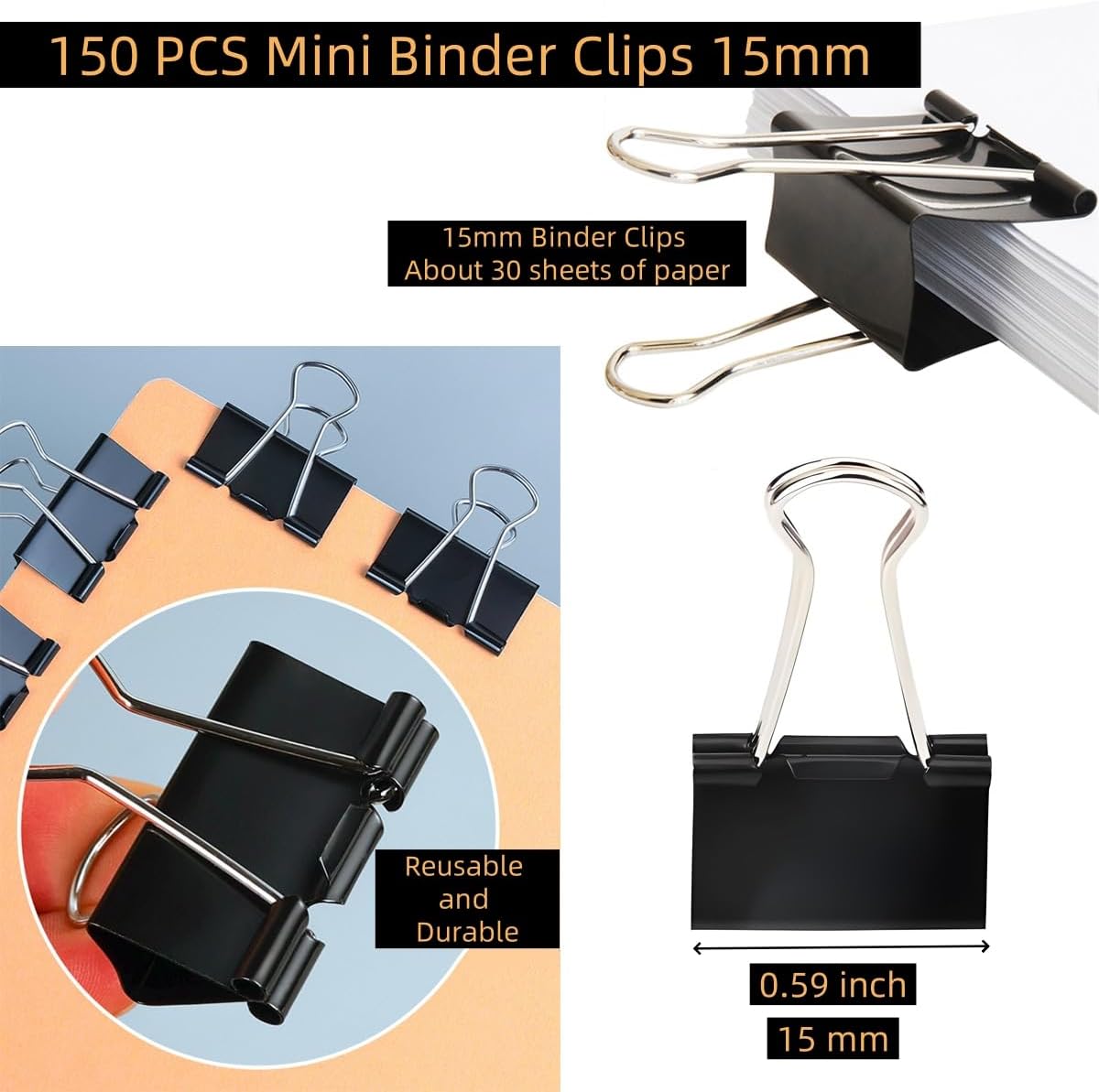 150 PCS Mini Binder Clips, 5/8 inch 15mm Binder Clips, Black Paper Clamps Small Size for Office, Home, School, Document Organizing (0.6 inch)