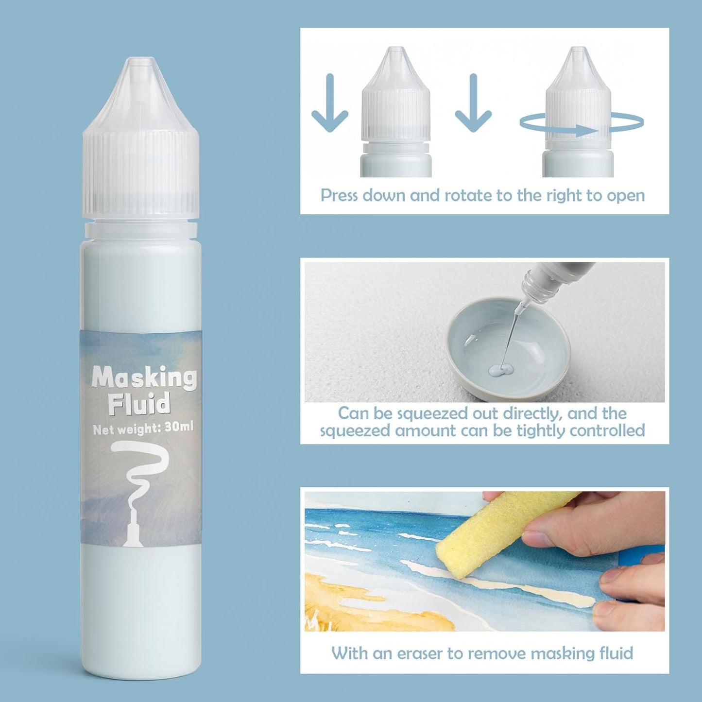 Blue Masking Fluid for Watercolor Painting 30ml, Resistant Ink and Pouring Paint, Watercolor Masking Fluid Keeps Areas Colorless and Edges Sharp