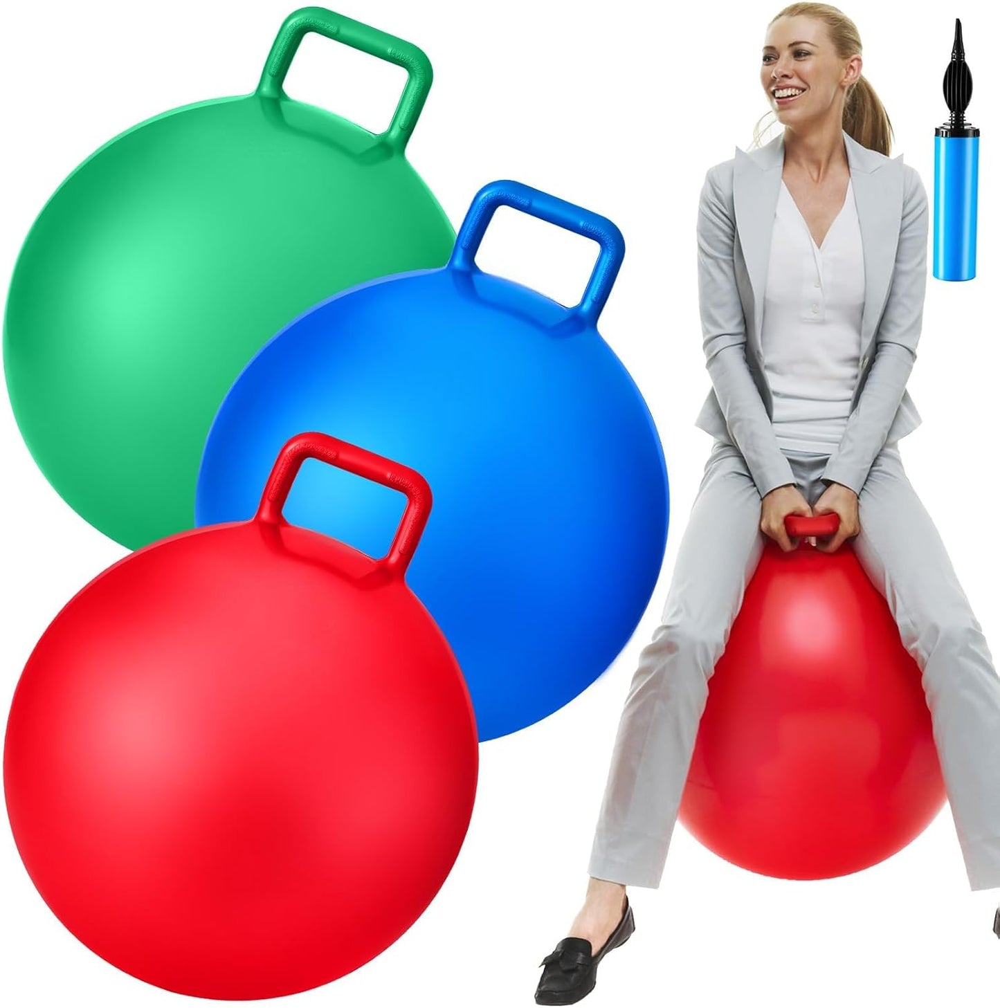 Lewtemi 3 Pcs 31 Inch Bouncing Ball with Handle, Outdoors Hopper Jumping Hopping Ball and Air Pump for Sports Exercise (Red, Blue, Green)