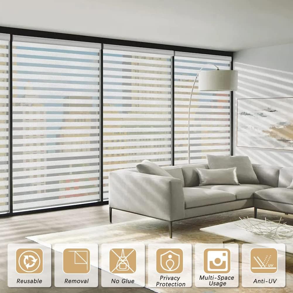 Qualsen Privacy Window Film, Frosted Windows Privacy Film, Frosting Cling for Glass, Anti-UV Reeded Blinds Sticker for Home Office Meeting Room, Stripe Patterns, 11.8x47inch