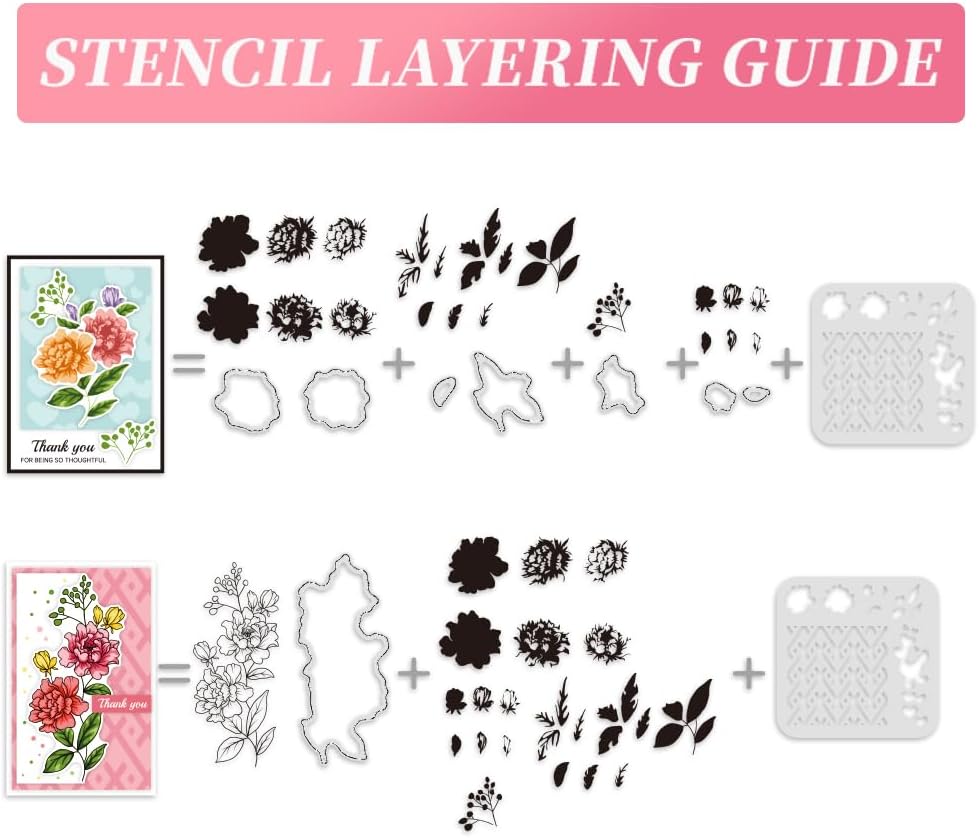 ORIGACH Realistic Flower Layering Stencil Stamp and Die Set for Card Making, Silicone Stamps Metal Die Cut and Stencil Template for Card Making Scrapbooking DIY Crafting