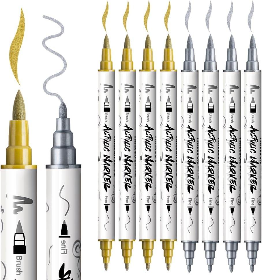 TRANSON 4 Gold and 4 Silver Paint Markers Brush and Fine Dual-tip Acrylic Paint Marker Set for Rock Painting Glass Canvas Wood Leather Ceramic Painting
