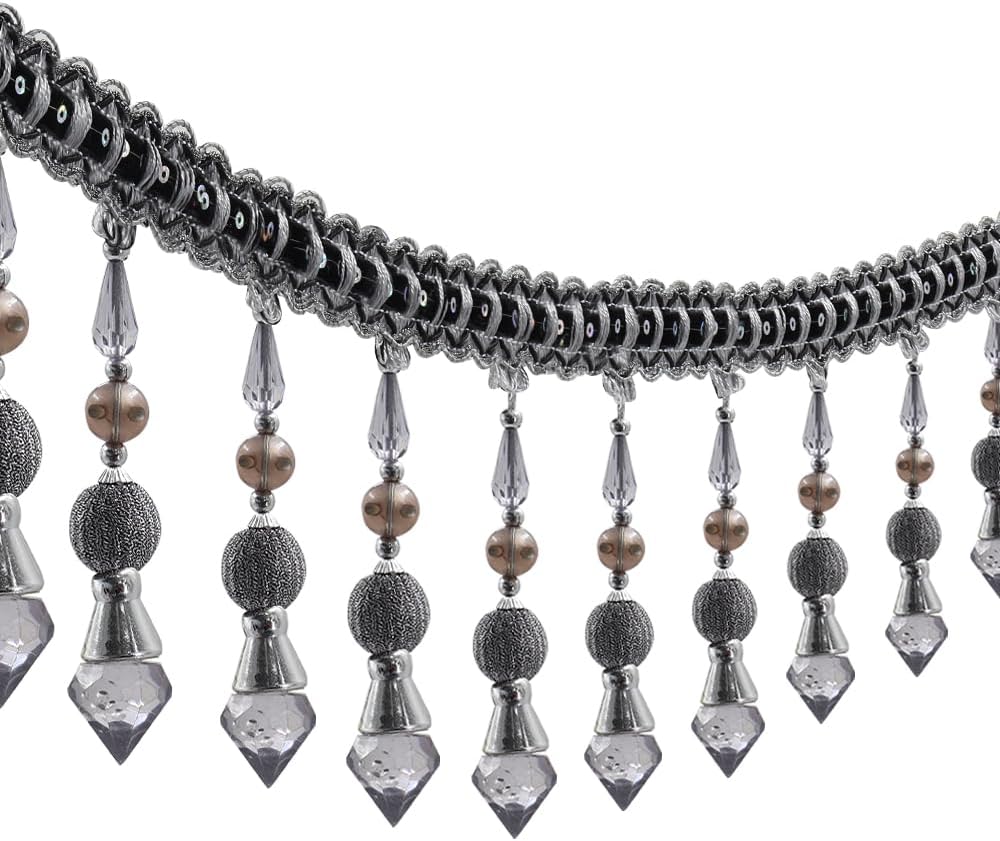3yards Beading Fringe Trimming Long Beads Tassel Curtain Trim Ribbon Trim for Cover Edge Decorative (Gray)