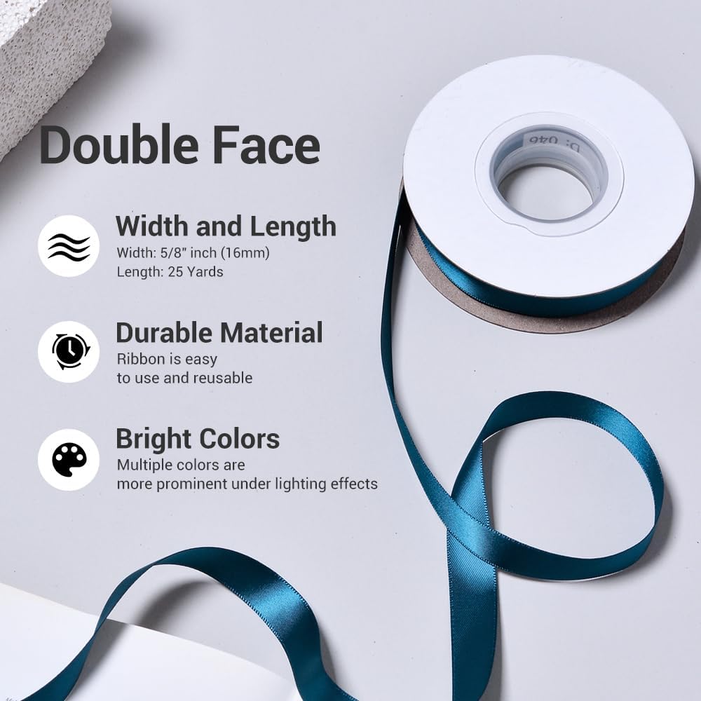YAMA Double Face Satin Ribbon - 5/8" 25 Yards for Gift Package Wrapping,Floral Design,Hair Bow Clip Making,Crafting,Sewing,Wedding Decor, Teal