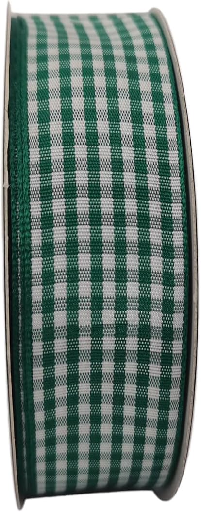 Green and White Woven Edge Plaid Ribbon 100% Polyester Gingham Ribbon 25 Yards Each Roll (1",Green)