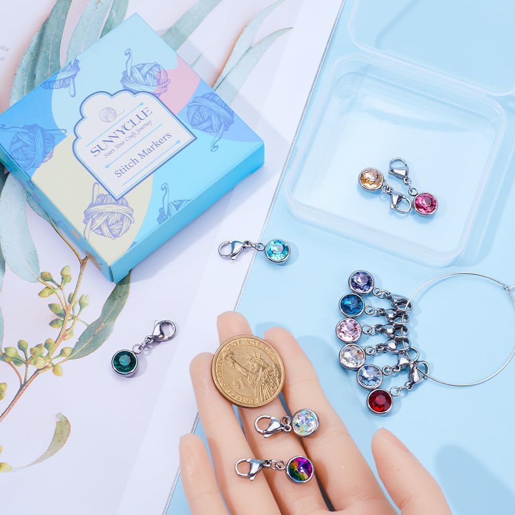 SUNNYCLUE 1 Box 12pcs Knitting Stitch Markers Knitting Crochet Markers Rhinestone Crystal Brirthstone Charms Crochet for Weaving Sewing Needleworks DIY Craft Gift Supplies