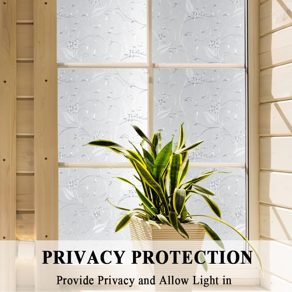 Mikomer Privacy Window Film Etched Flowers Static Cling Glass Door Film, Non Adhesive Heat Control Anti UV Window Cling for Office and Home Decoration,11.8 inches by 78.7 inches