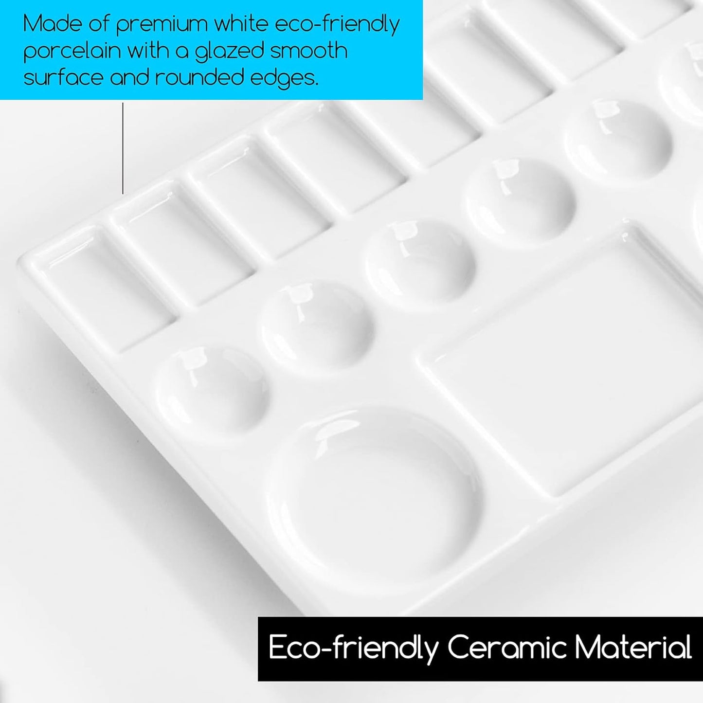 MEEDEN Studio Ceramic Paint Palette, Porcelain Watercolor Palette for Artists Painting, Acrylic Gouache Watercolor Mixing Tray,17-Well 9 x 6.5 Inch