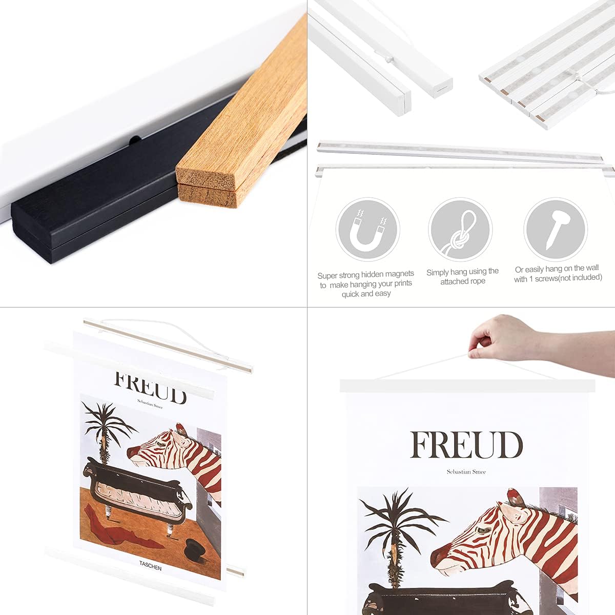 Ywlake Magnetic Poster Hanger, 17x24 17x11 17x22 Poster Frame Wood Wooden Magnet Print Posters Dowel Scroll Hanger Hangers Hanging Kit for Walls Map Canvas Artwork (White, 17")