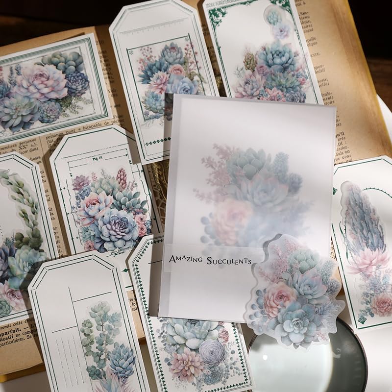 Vintage Vellum Stickers Floral Plants Elements Scrapbooking Supplies Flowers Botanic Natural Translucent Paper Self-Adhesive Junk-Journal Items (Succulent)