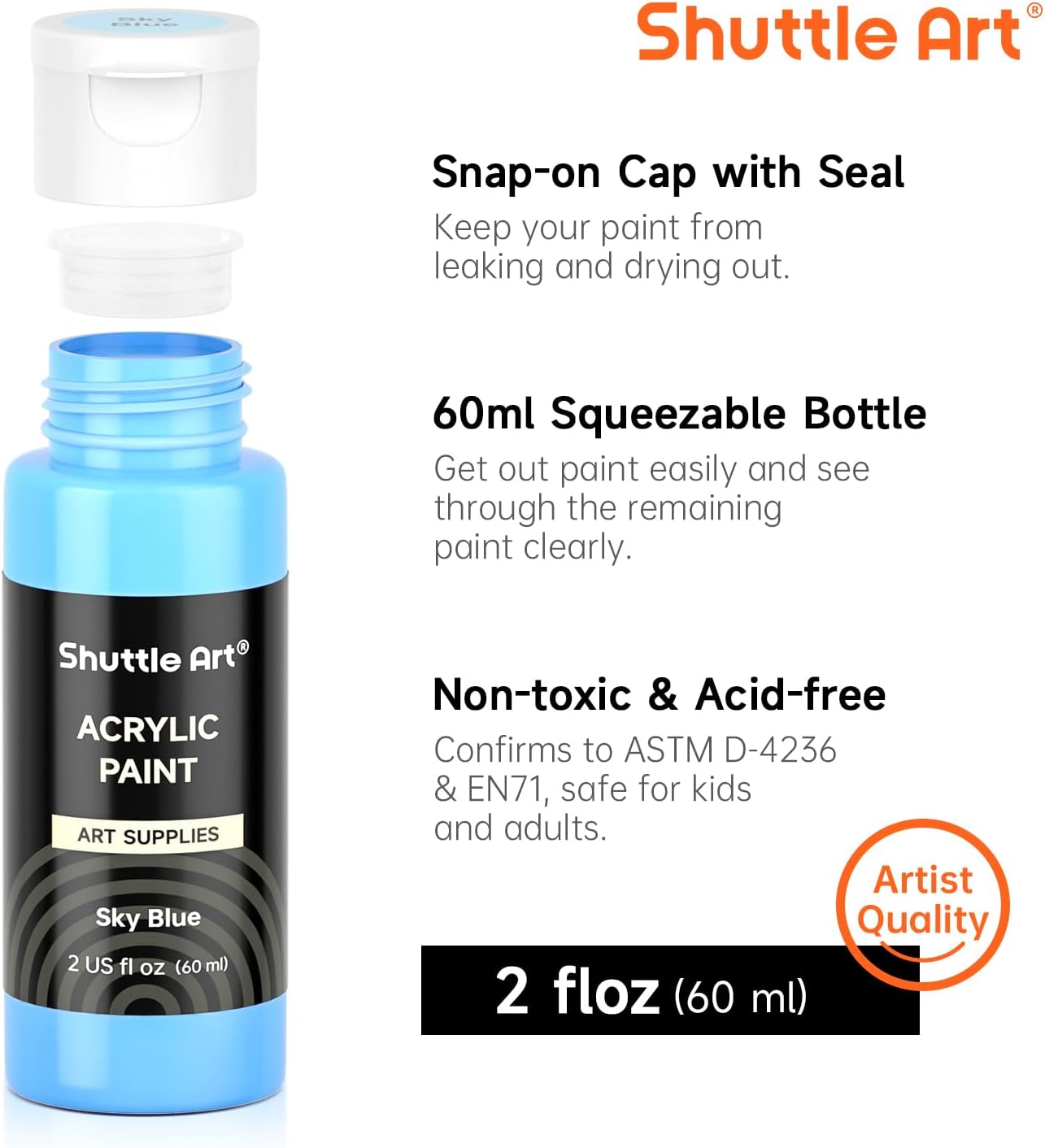 72 Pack Acrylic Paint Set, Shuttle Art 60 Colors Acrylic Paint Including Extra White Black & 12 Brushes, 2oz/60ml, Rich Pigmented, Water Proof, Ideal for Artists, Beginners on Canvas Rock Wood Ceramic